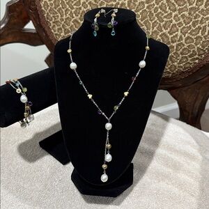 Brighton Silver Necklace, Bracelet and Earrings w/ Multicolor Charms and Pearls